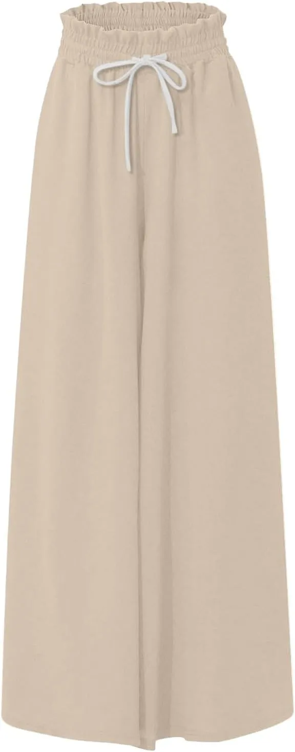 Wide Leg Pants Woman High Waisted Floral Boho Beach Casual Pants Cute Summer Flowy Palazzo Culottes with Pockets