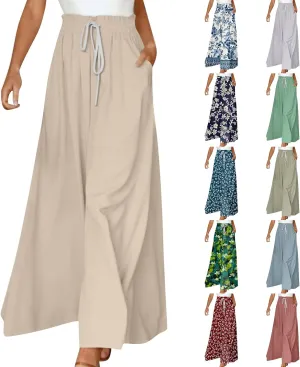 Wide Leg Pants Woman High Waisted Floral Boho Beach Casual Pants Cute Summer Flowy Palazzo Culottes with Pockets