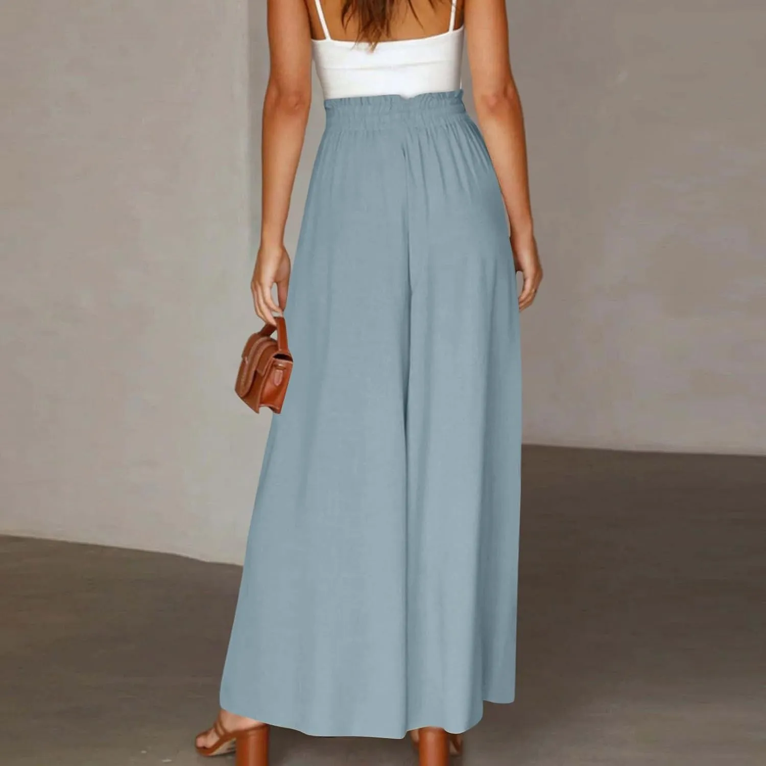 Wide Leg Pants Woman High Waisted Floral Boho Beach Casual Pants Cute Summer Flowy Palazzo Culottes with Pockets