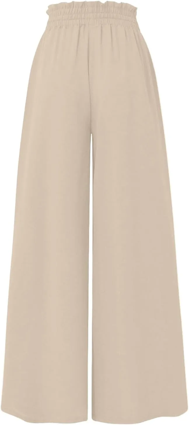 Wide Leg Pants Woman High Waisted Floral Boho Beach Casual Pants Cute Summer Flowy Palazzo Culottes with Pockets
