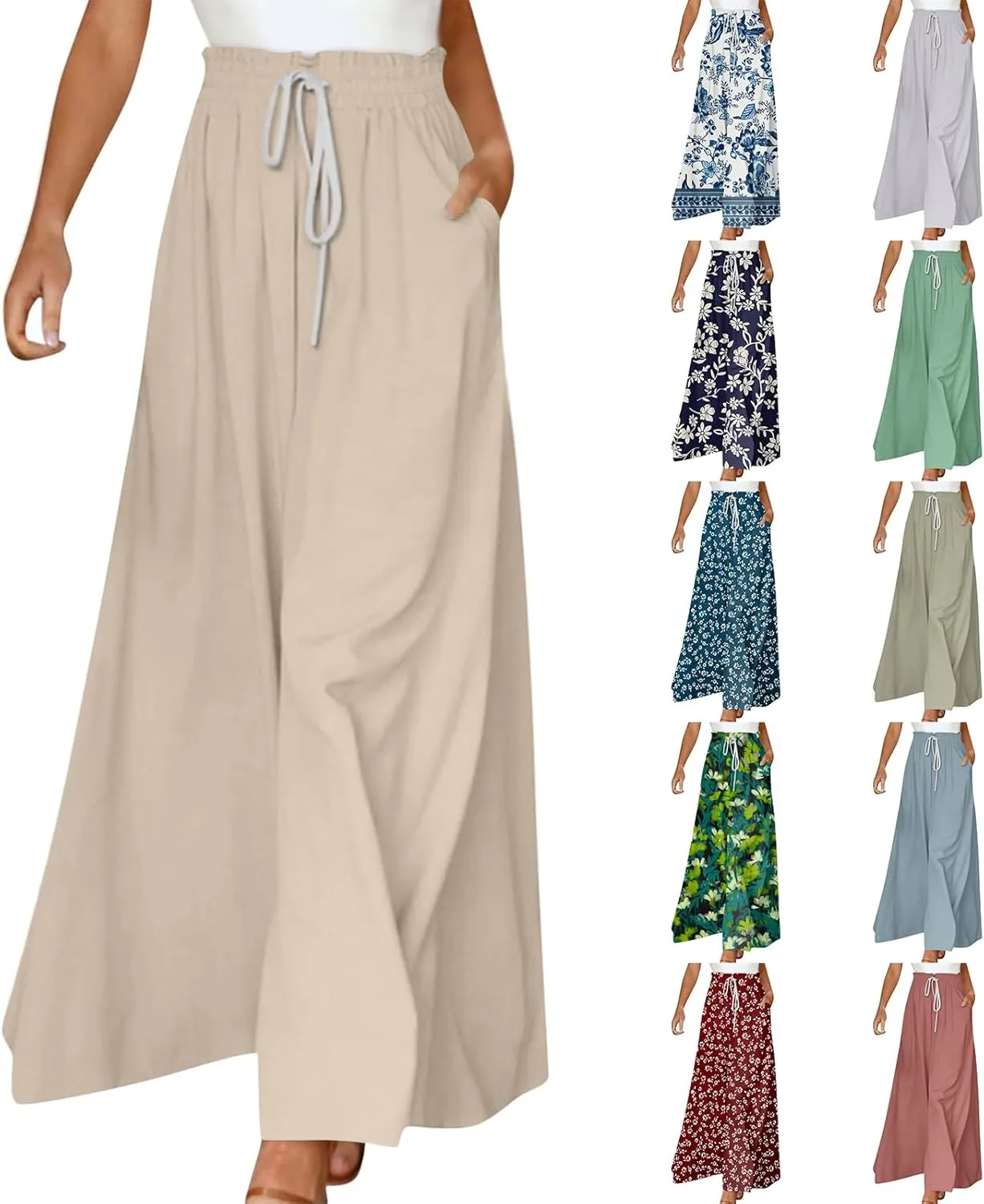 Wide Leg Pants Woman High Waisted Floral Boho Beach Casual Pants Cute Summer Flowy Palazzo Culottes with Pockets