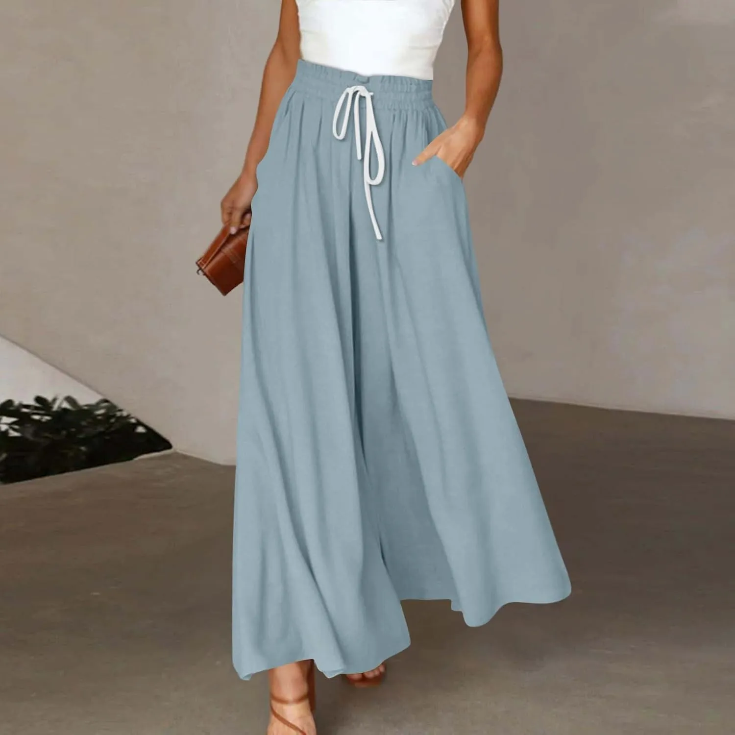 Wide Leg Pants Woman High Waisted Floral Boho Beach Casual Pants Cute Summer Flowy Palazzo Culottes with Pockets