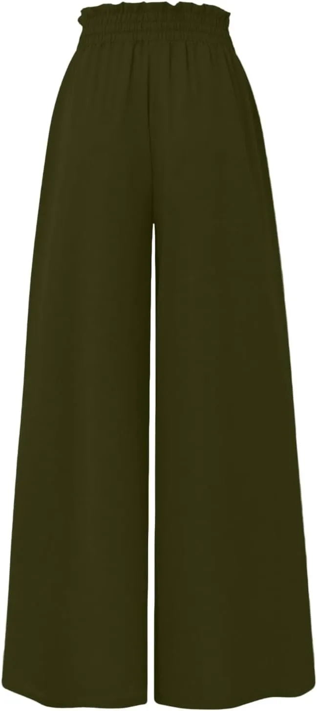 Wide Leg Pants Woman High Waisted Floral Boho Beach Casual Pants Cute Summer Flowy Palazzo Culottes with Pockets