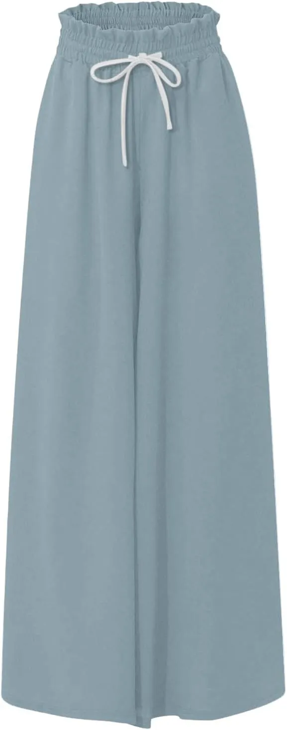 Wide Leg Pants Woman High Waisted Floral Boho Beach Casual Pants Cute Summer Flowy Palazzo Culottes with Pockets