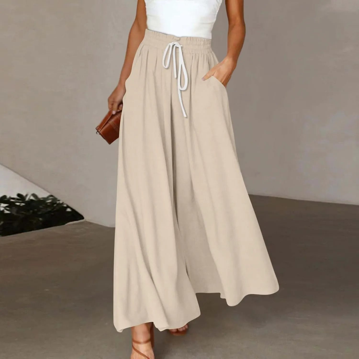 Wide Leg Pants Woman High Waisted Floral Boho Beach Casual Pants Cute Summer Flowy Palazzo Culottes with Pockets