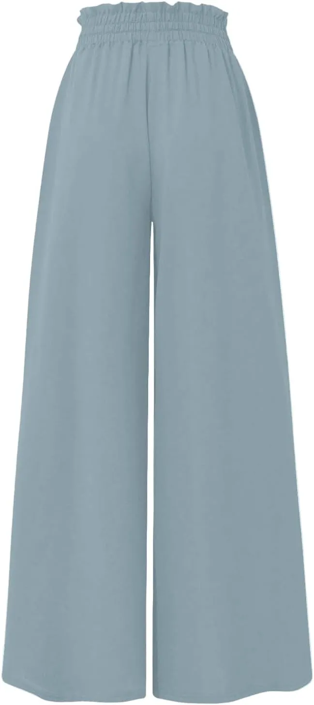 Wide Leg Pants Woman High Waisted Floral Boho Beach Casual Pants Cute Summer Flowy Palazzo Culottes with Pockets