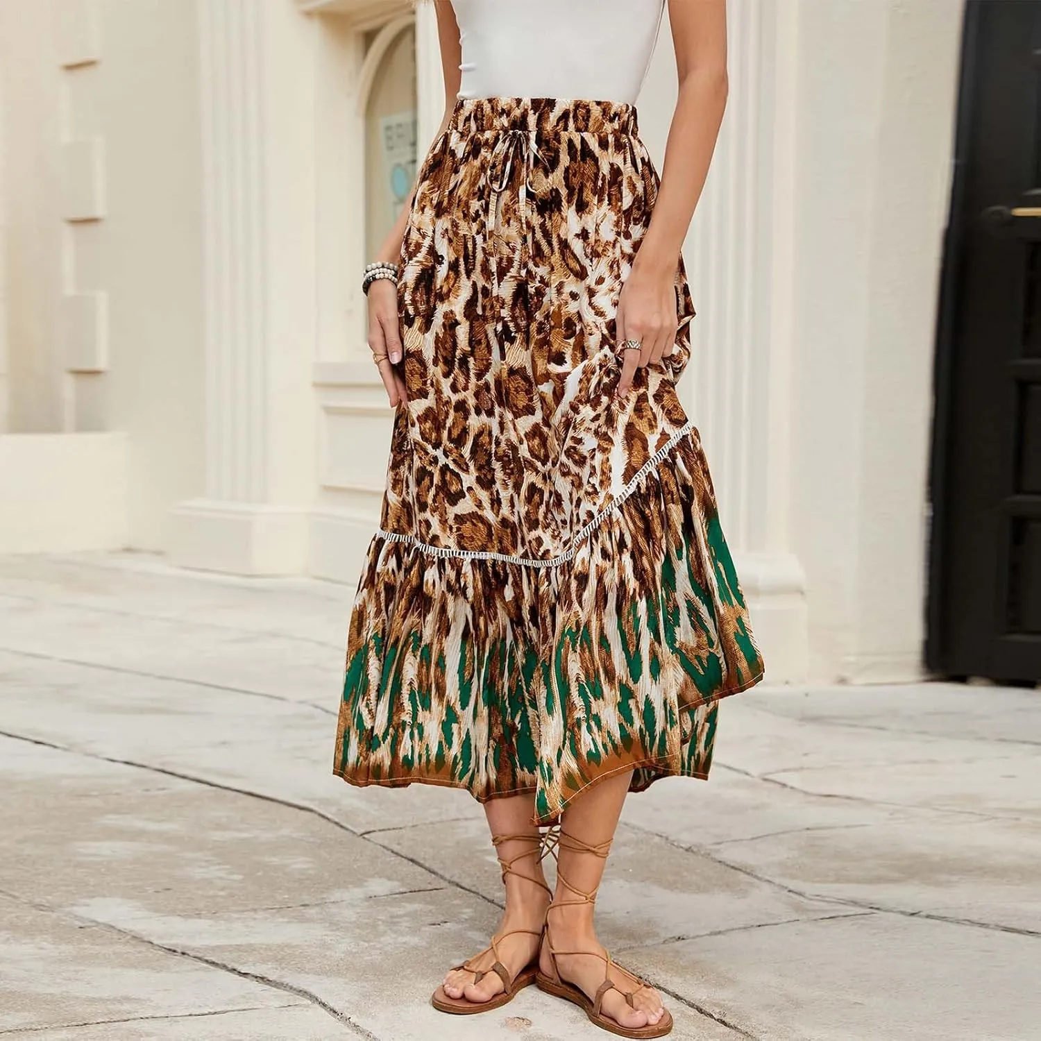 Women Boho Maxi Skirts 2025 Summer Casual Graphic High Waist Flowy A Line Pleated Beach Vacation Midi Dress