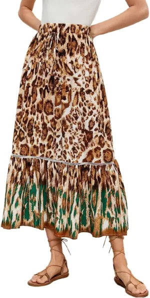 Women Boho Maxi Skirts 2025 Summer Casual Graphic High Waist Flowy A Line Pleated Beach Vacation Midi Dress