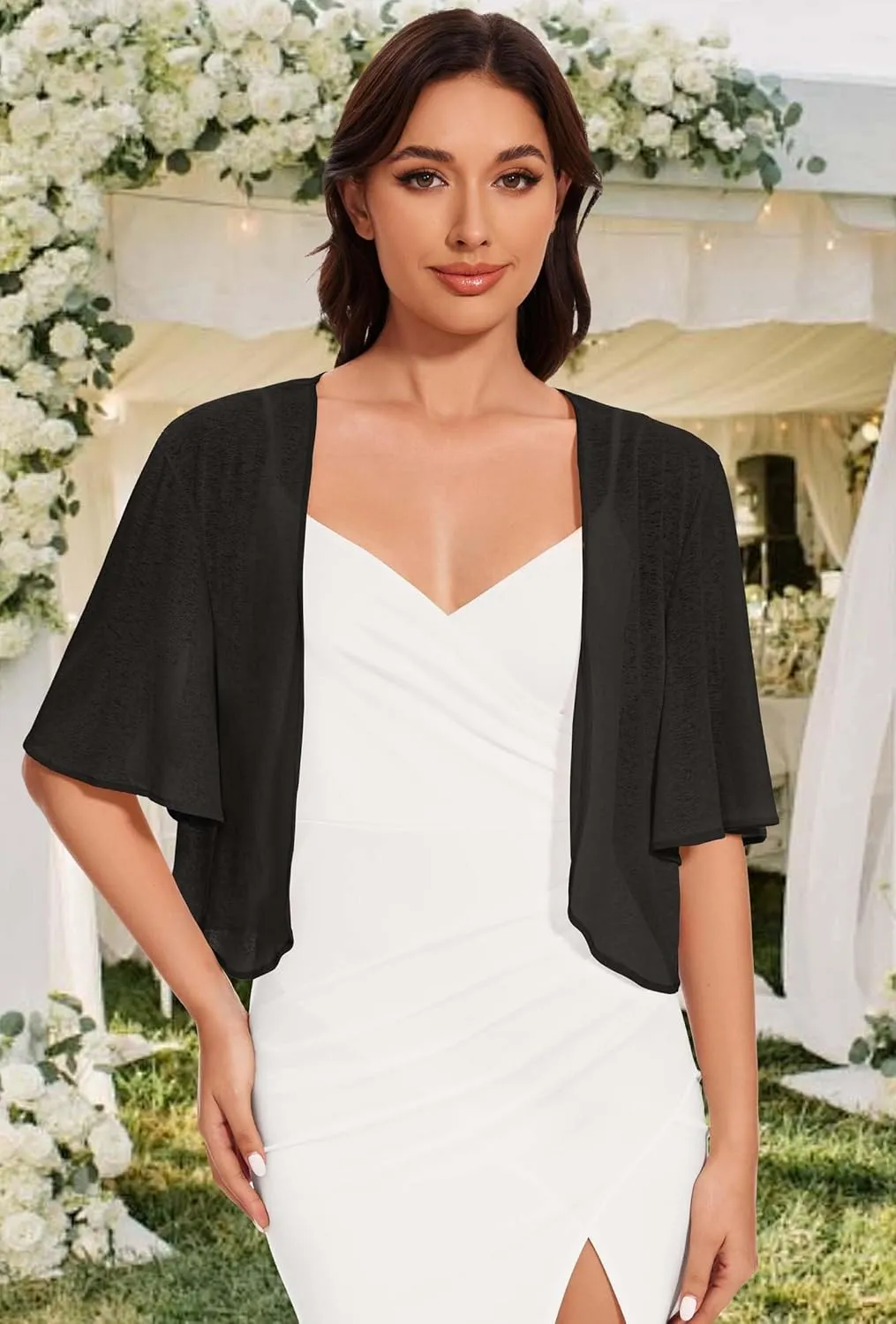Women Bolero Shrug Cardigan Open Front Cover Up Sheer Short Sleeve Kimonos for Evening Dress