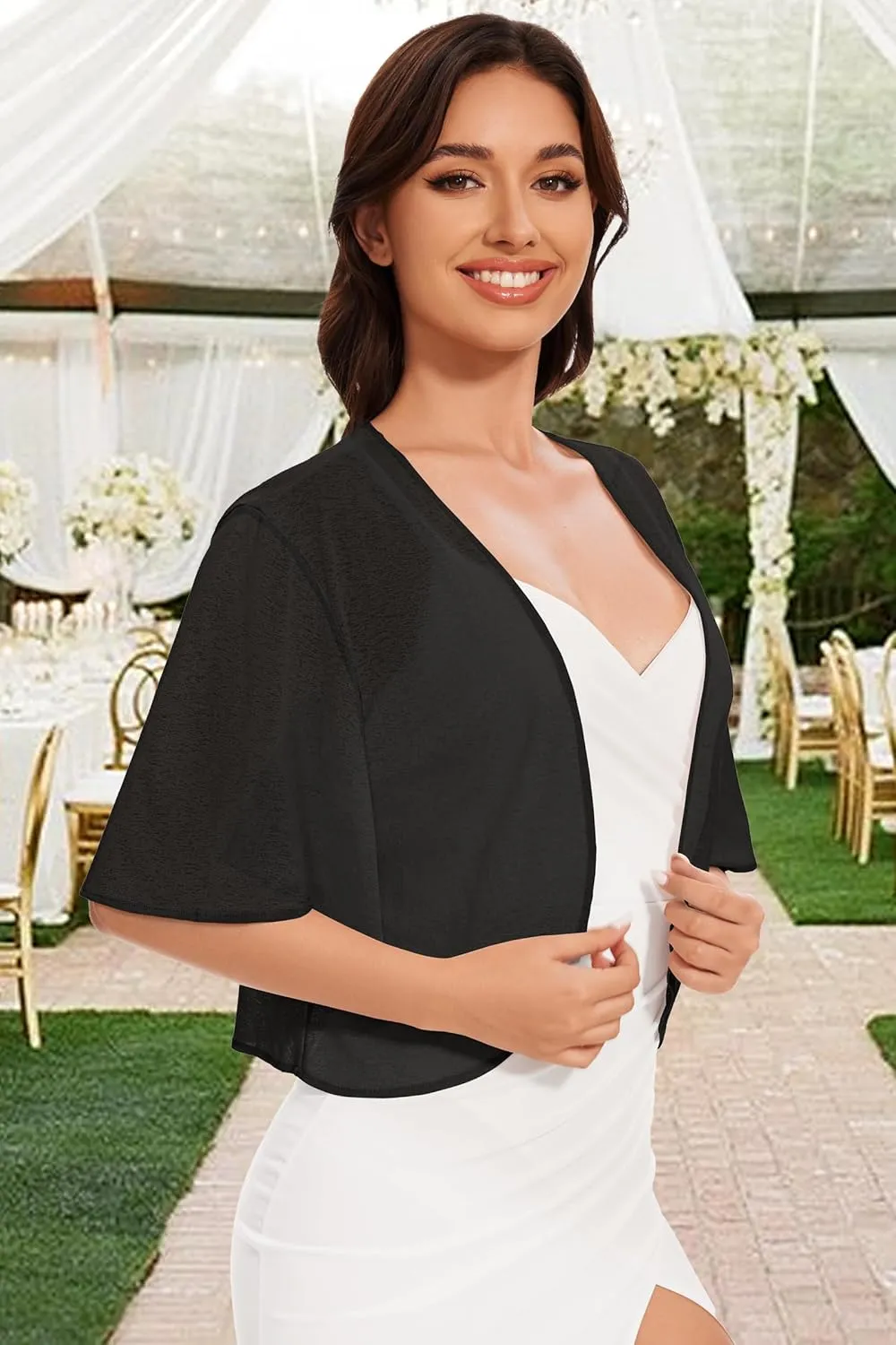 Women Bolero Shrug Cardigan Open Front Cover Up Sheer Short Sleeve Kimonos for Evening Dress