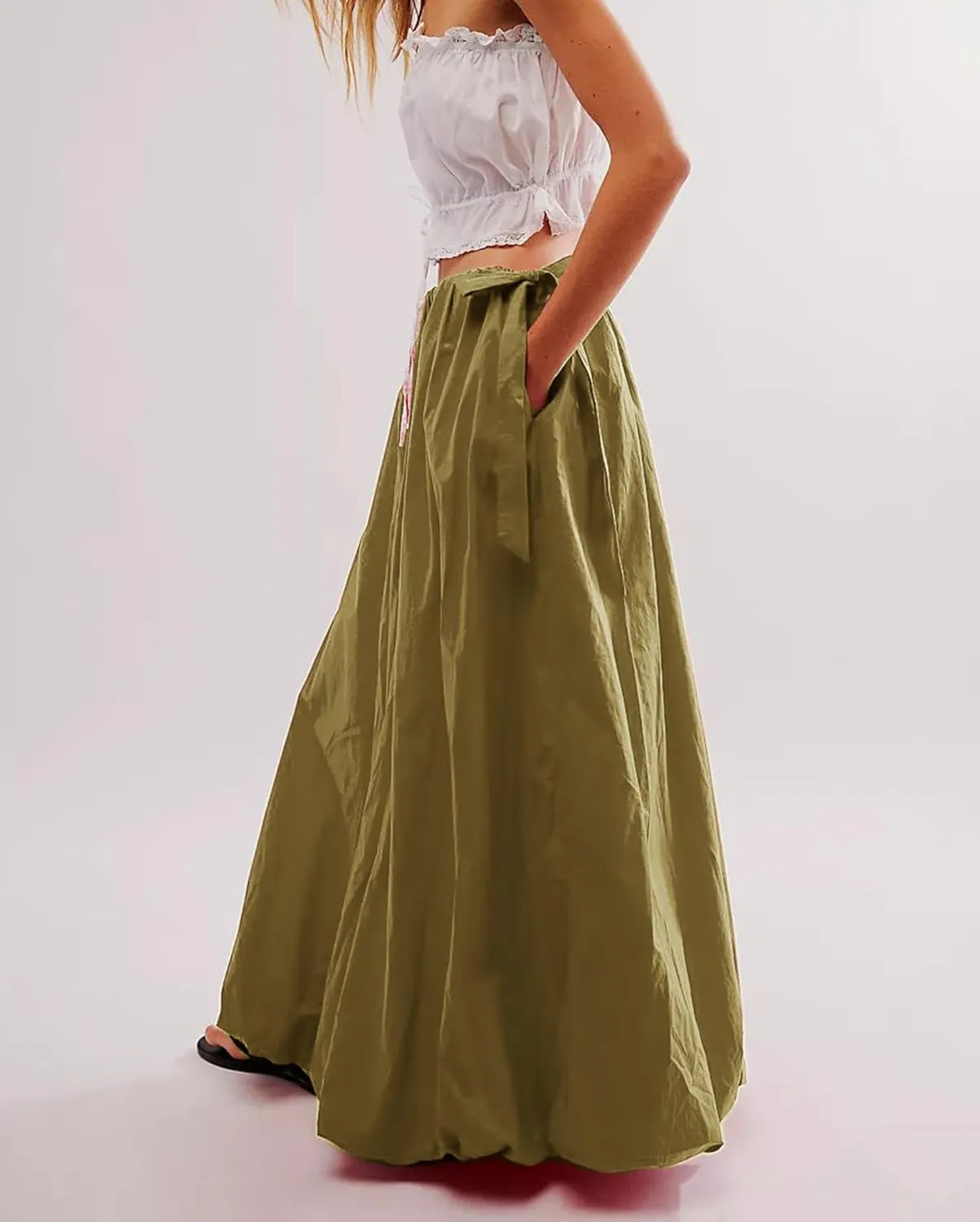 Women Bubble A-Line Maxi Skirt Casual Solid Color Elastic Waist Side Tie Long Skirt Summer Beach Vacation Streetwear