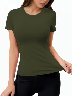 Women Elastic Workout Shirts Breathable Compression Quick Dry Gym Lightweight Basic Fitted Tops