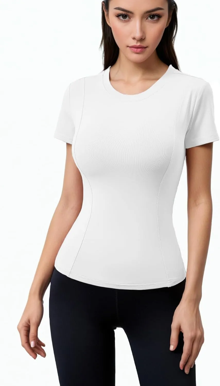 Women Elastic Workout Shirts Breathable Compression Quick Dry Gym Lightweight Basic Fitted Tops