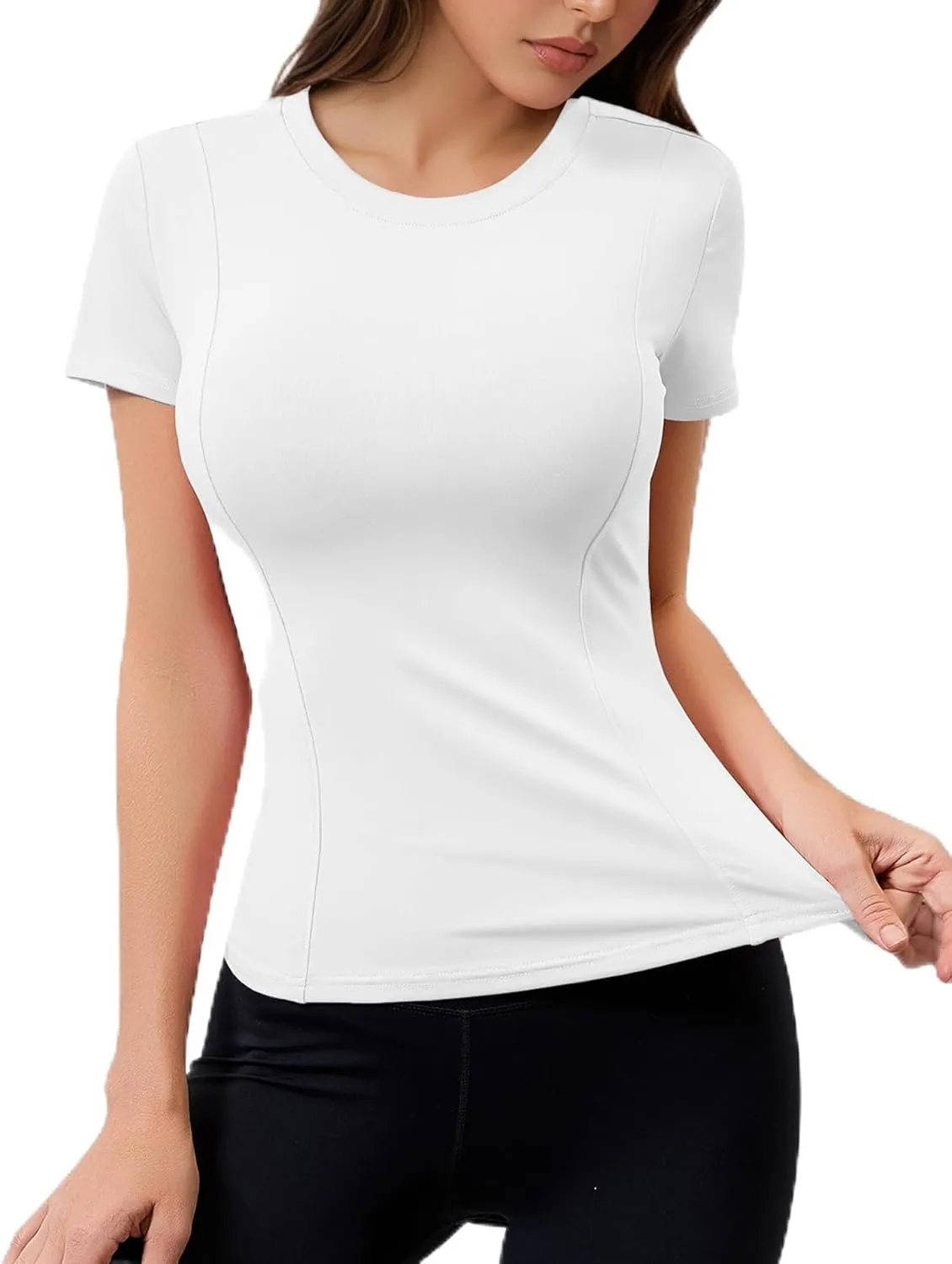 Women Elastic Workout Shirts Breathable Compression Quick Dry Gym Lightweight Basic Fitted Tops