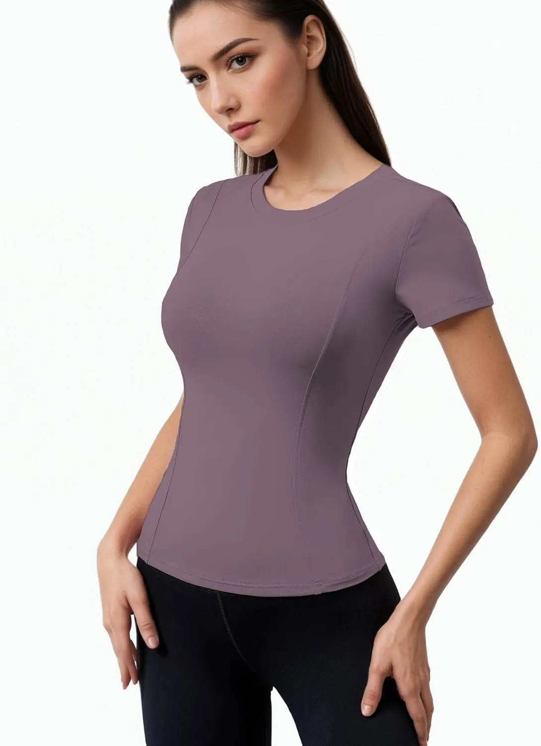 Women Elastic Workout Shirts Breathable Compression Quick Dry Gym Lightweight Basic Fitted Tops
