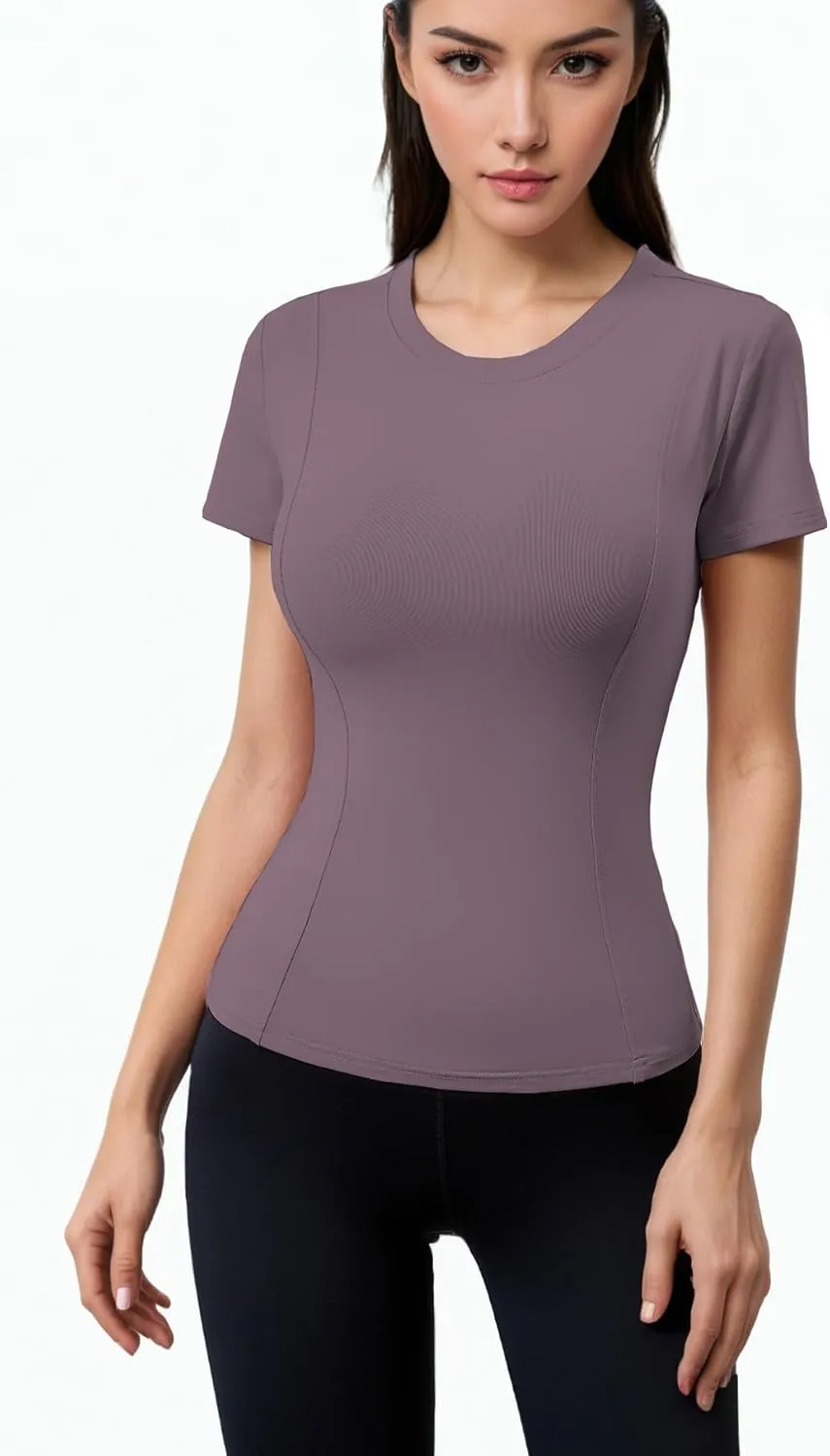 Women Elastic Workout Shirts Breathable Compression Quick Dry Gym Lightweight Basic Fitted Tops