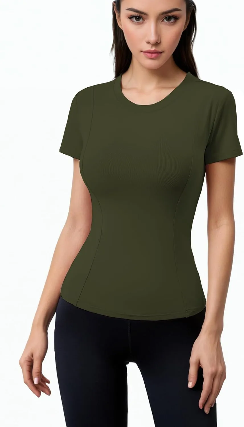 Women Elastic Workout Shirts Breathable Compression Quick Dry Gym Lightweight Basic Fitted Tops