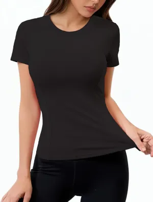 Women Elastic Workout Shirts Breathable Compression Quick Dry Gym Lightweight Basic Fitted Tops