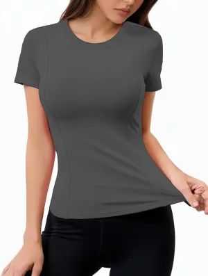 Women Elastic Workout Shirts Breathable Compression Quick Dry Gym Lightweight Basic Fitted Tops