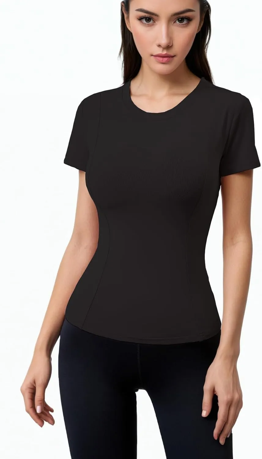 Women Elastic Workout Shirts Breathable Compression Quick Dry Gym Lightweight Basic Fitted Tops