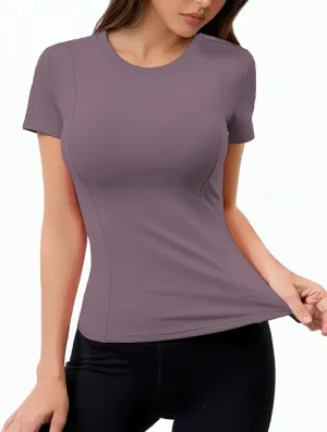 Women Elastic Workout Shirts Breathable Compression Quick Dry Gym Lightweight Basic Fitted Tops