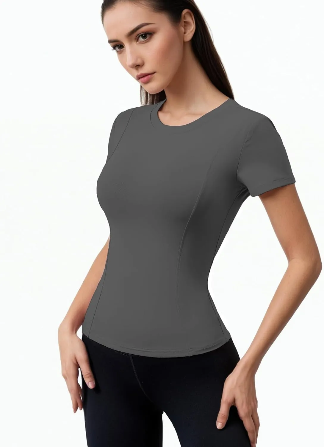 Women Elastic Workout Shirts Breathable Compression Quick Dry Gym Lightweight Basic Fitted Tops