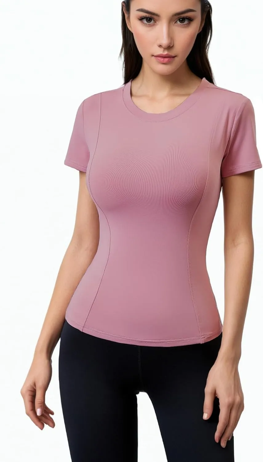Women Elastic Workout Shirts Breathable Compression Quick Dry Gym Lightweight Basic Fitted Tops