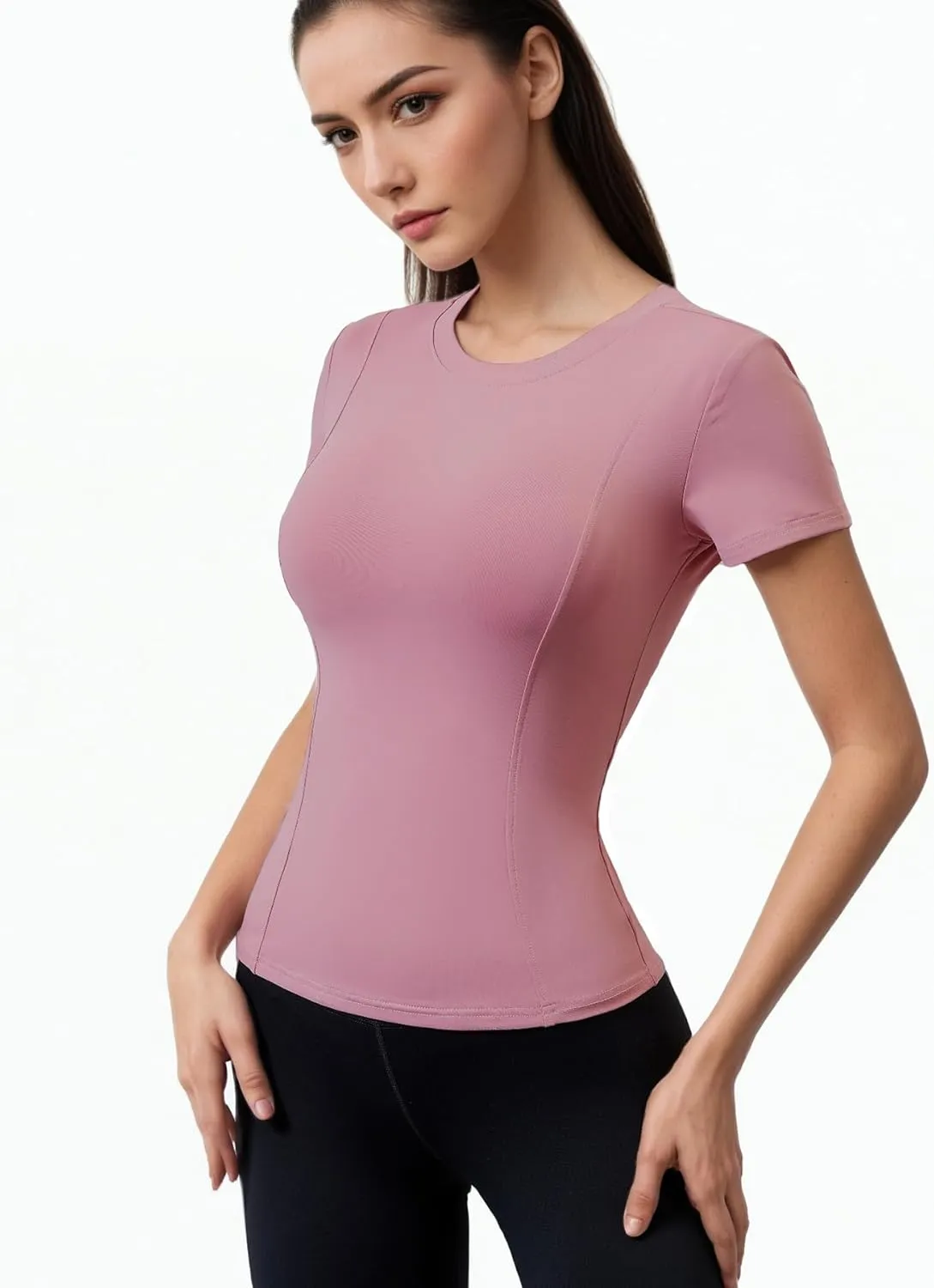 Women Elastic Workout Shirts Breathable Compression Quick Dry Gym Lightweight Basic Fitted Tops