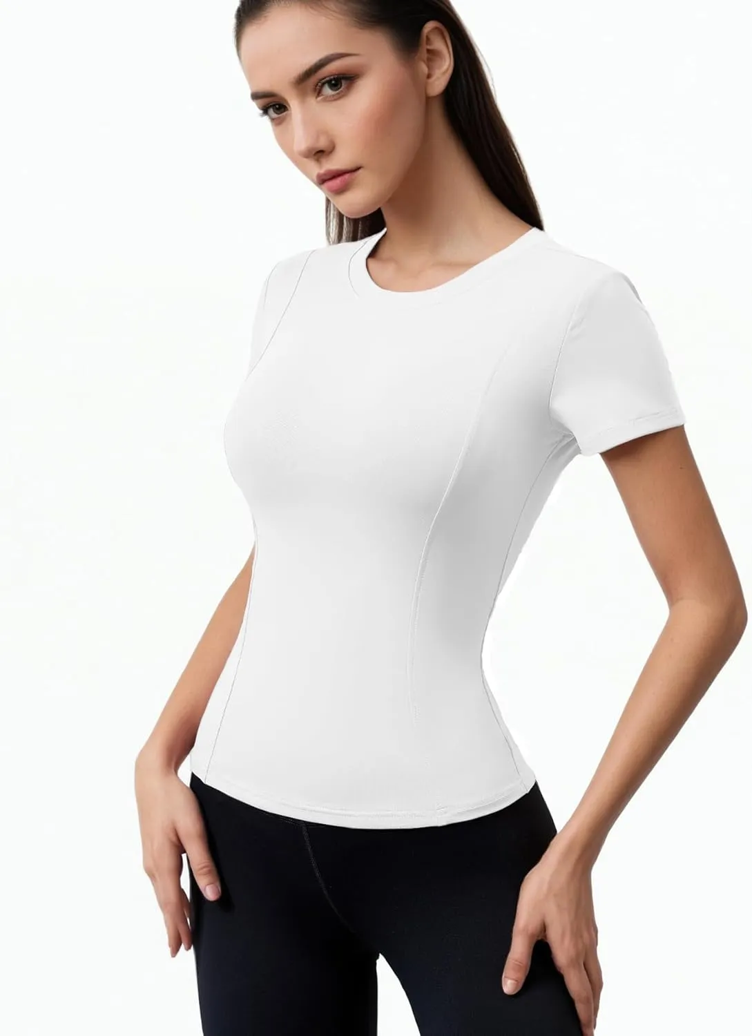 Women Elastic Workout Shirts Breathable Compression Quick Dry Gym Lightweight Basic Fitted Tops
