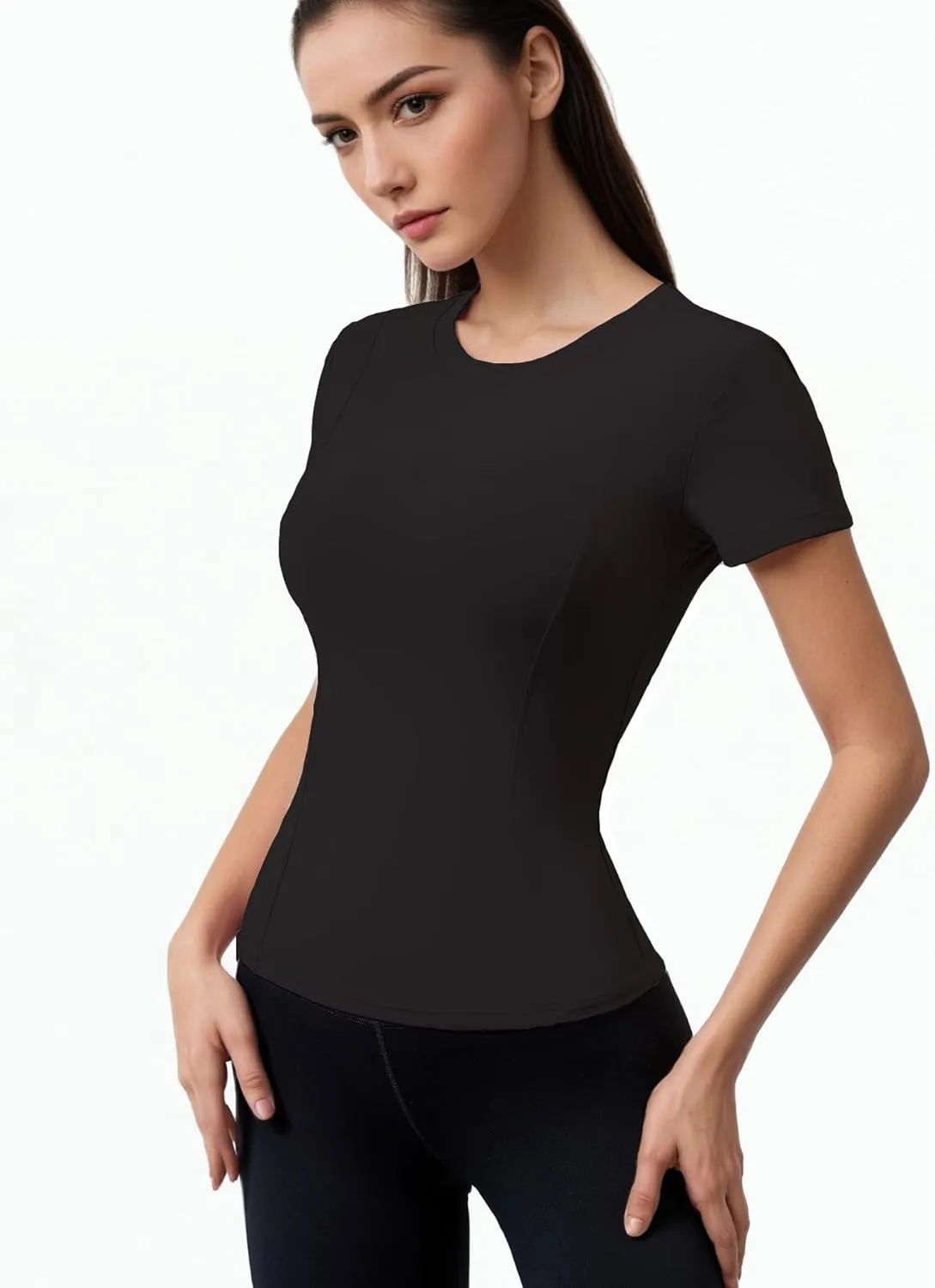 Women Elastic Workout Shirts Breathable Compression Quick Dry Gym Lightweight Basic Fitted Tops