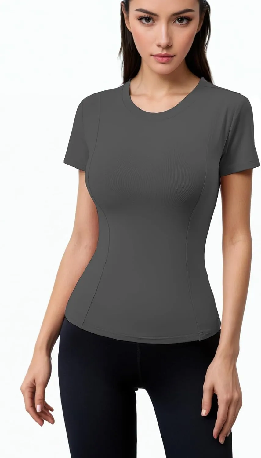 Women Elastic Workout Shirts Breathable Compression Quick Dry Gym Lightweight Basic Fitted Tops
