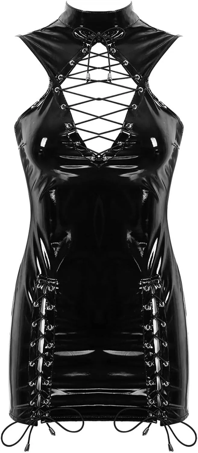 Women Fashion PU Lether Lace Up Dress Lingerie Hip Wrap Slim Skirt Lingerie Set Stockings for plus Size Women