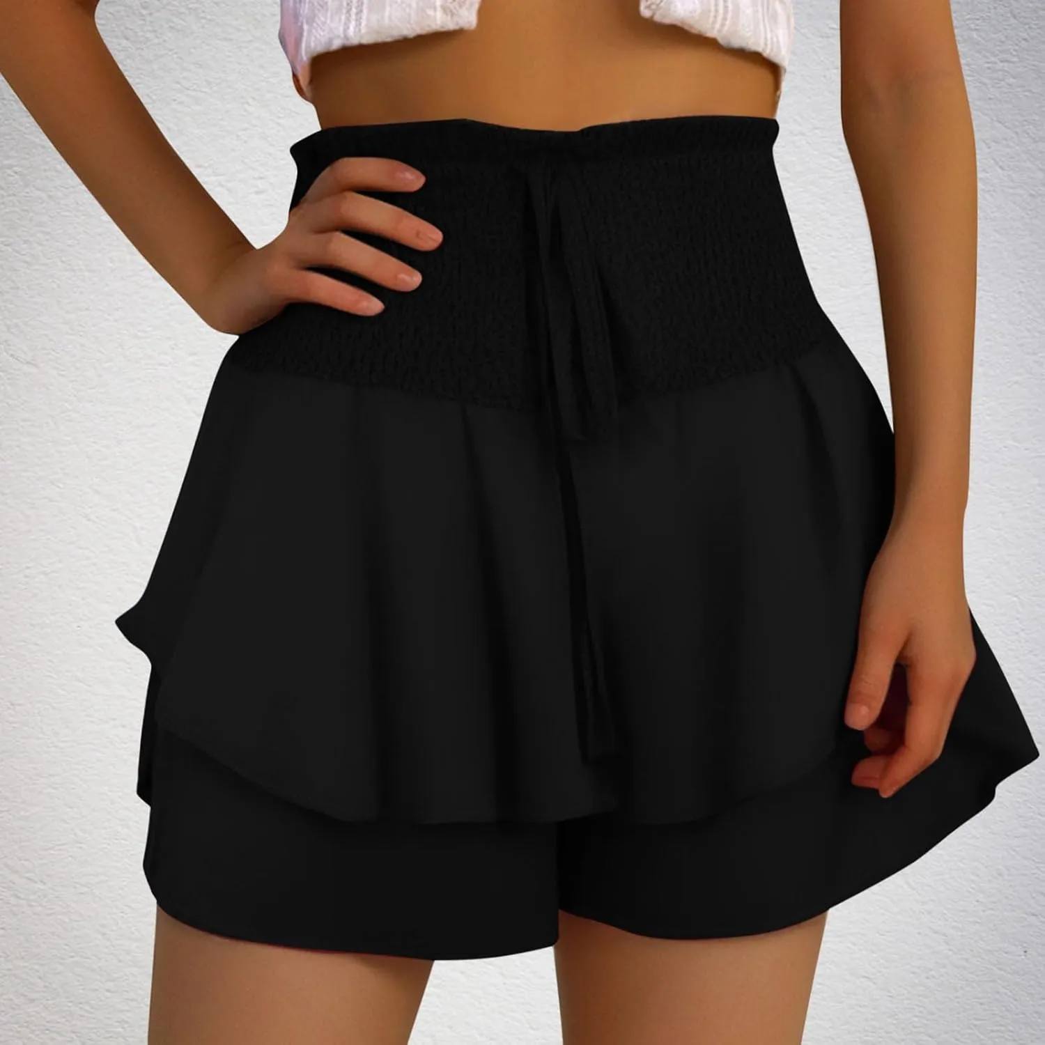 Women Flowy High Waisted Shorts Summer Casual Ruffle Double Layered Hem Skorts Smocked Waist Comfy Lounge Short Pants
