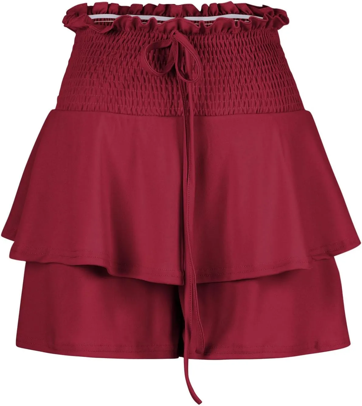 Women Flowy High Waisted Shorts Summer Casual Ruffle Double Layered Hem Skorts Smocked Waist Comfy Lounge Short Pants