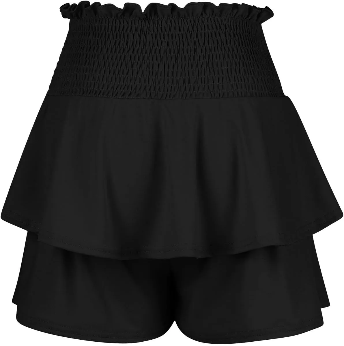 Women Flowy High Waisted Shorts Summer Casual Ruffle Double Layered Hem Skorts Smocked Waist Comfy Lounge Short Pants