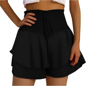 Women Flowy High Waisted Shorts Summer Casual Ruffle Double Layered Hem Skorts Smocked Waist Comfy Lounge Short Pants