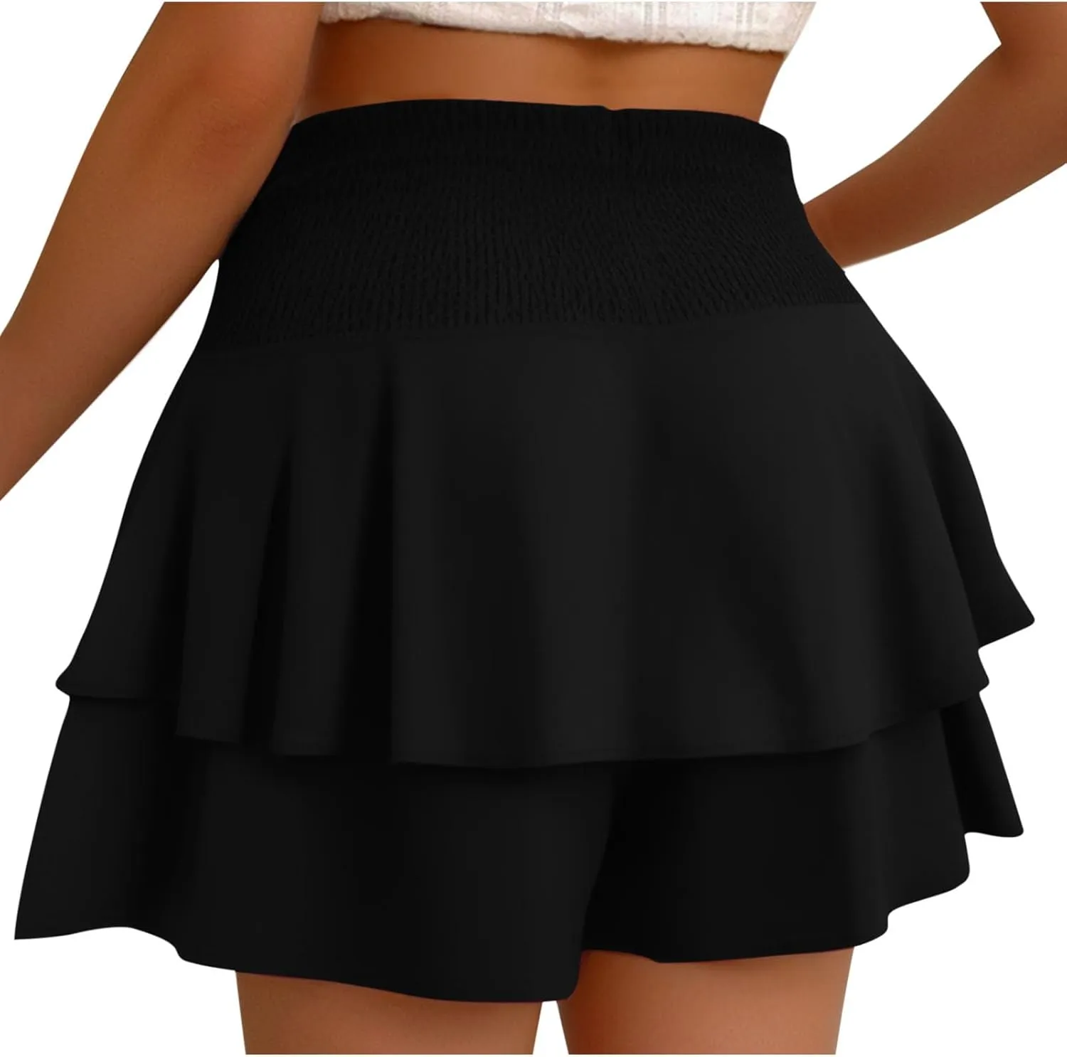 Women Flowy High Waisted Shorts Summer Casual Ruffle Double Layered Hem Skorts Smocked Waist Comfy Lounge Short Pants