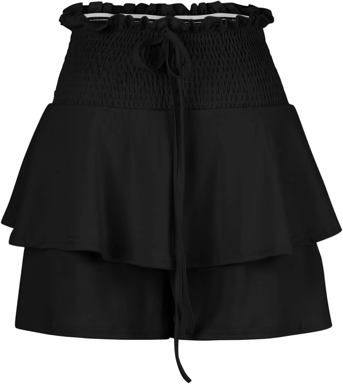 Women Flowy High Waisted Shorts Summer Casual Ruffle Double Layered Hem Skorts Smocked Waist Comfy Lounge Short Pants