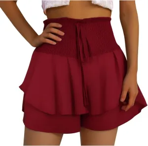 Women Flowy High Waisted Shorts Summer Casual Ruffle Double Layered Hem Skorts Smocked Waist Comfy Lounge Short Pants