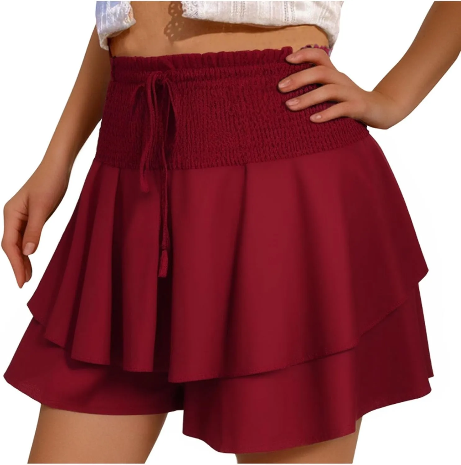 Women Flowy High Waisted Shorts Summer Casual Ruffle Double Layered Hem Skorts Smocked Waist Comfy Lounge Short Pants