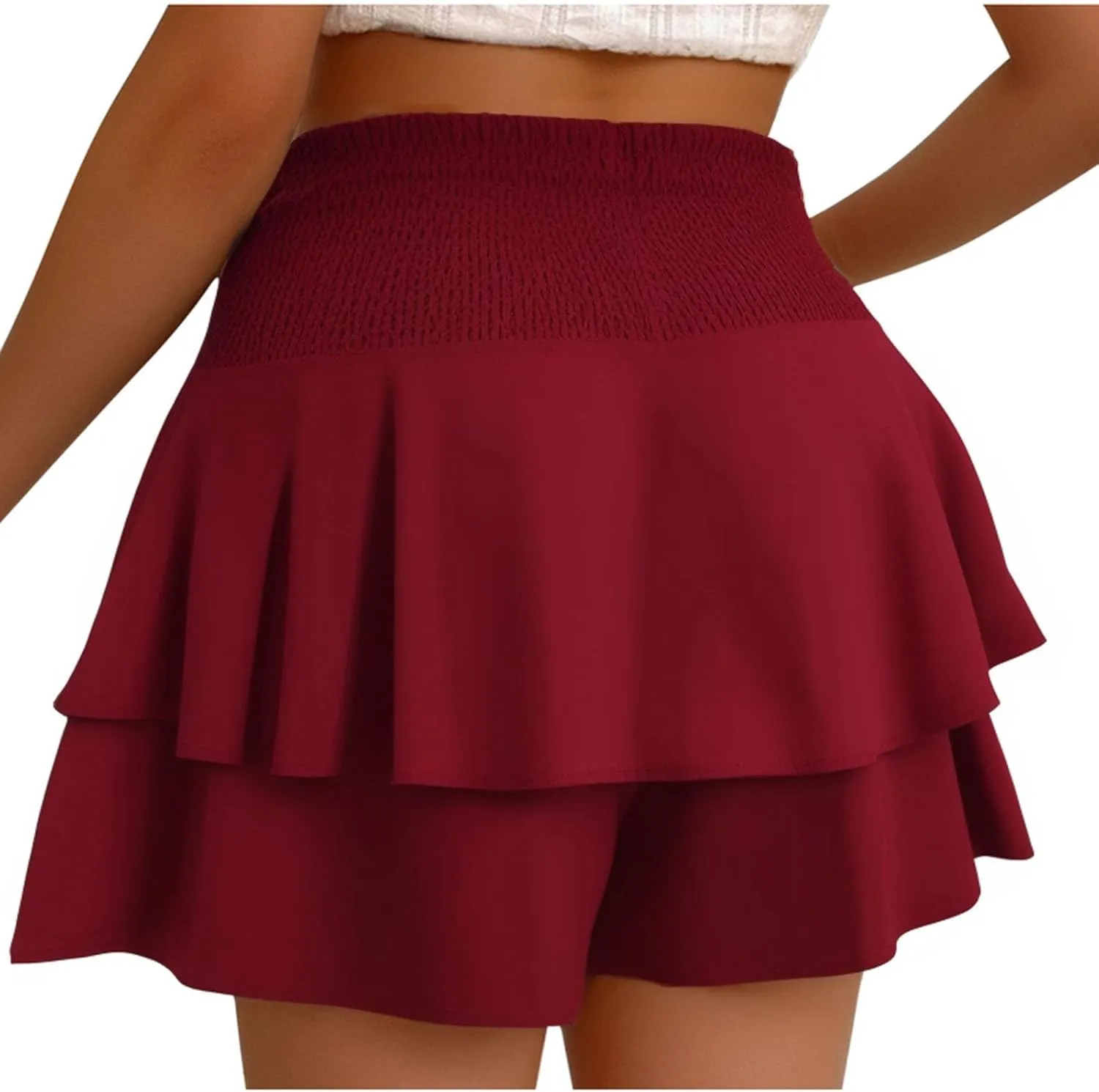 Women Flowy High Waisted Shorts Summer Casual Ruffle Double Layered Hem Skorts Smocked Waist Comfy Lounge Short Pants