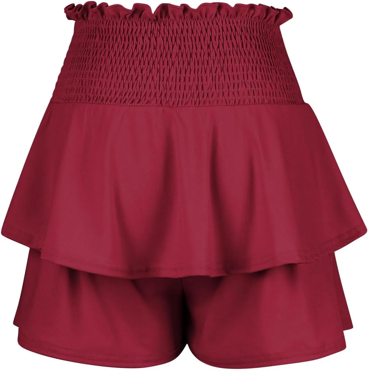 Women Flowy High Waisted Shorts Summer Casual Ruffle Double Layered Hem Skorts Smocked Waist Comfy Lounge Short Pants