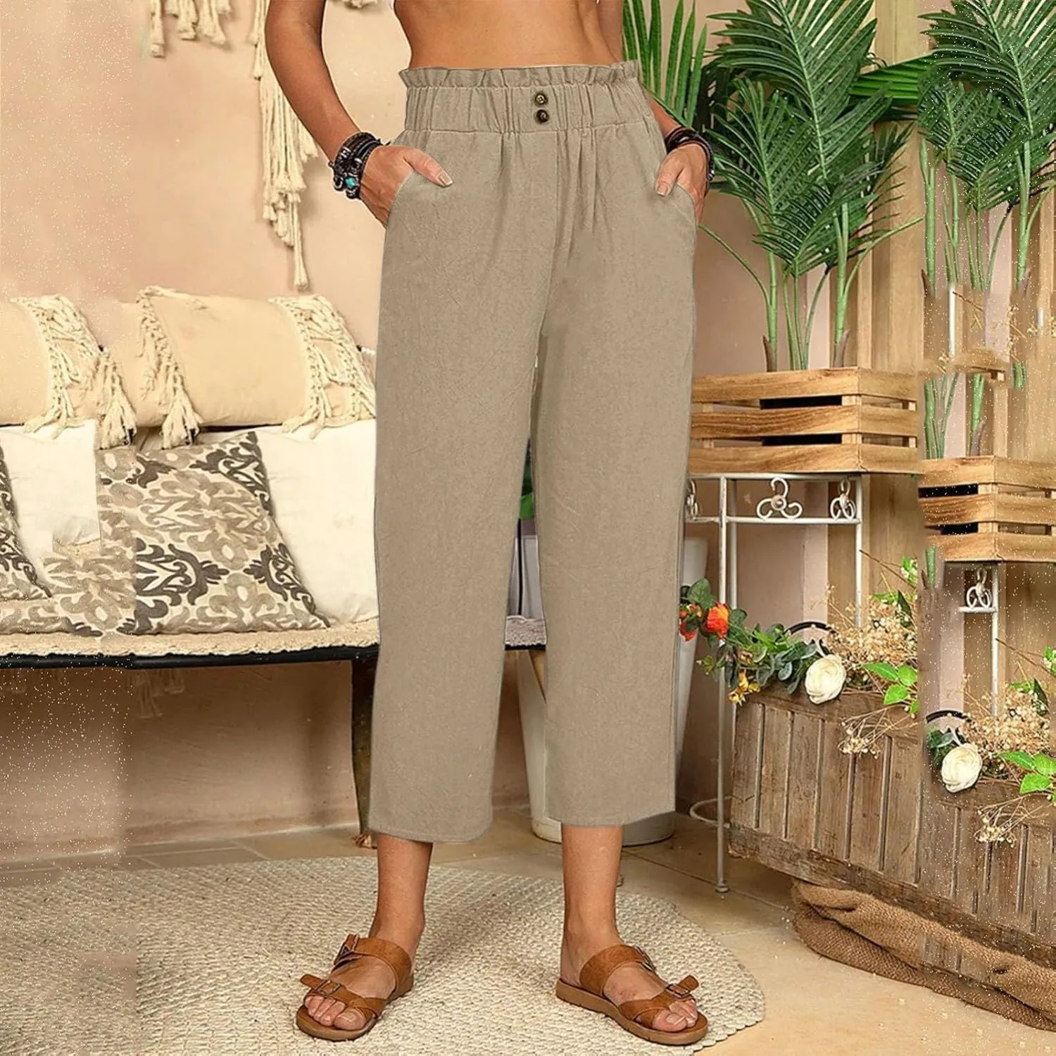 Women Linen Blend Summer Breathable Pants High Waist Wide Leg Slim Fit Trousers Business Work