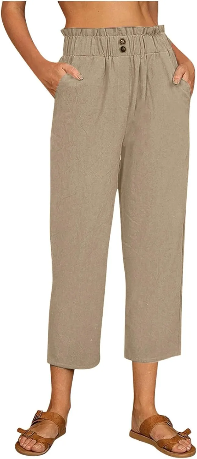 Women Linen Blend Summer Breathable Pants High Waist Wide Leg Slim Fit Trousers Business Work