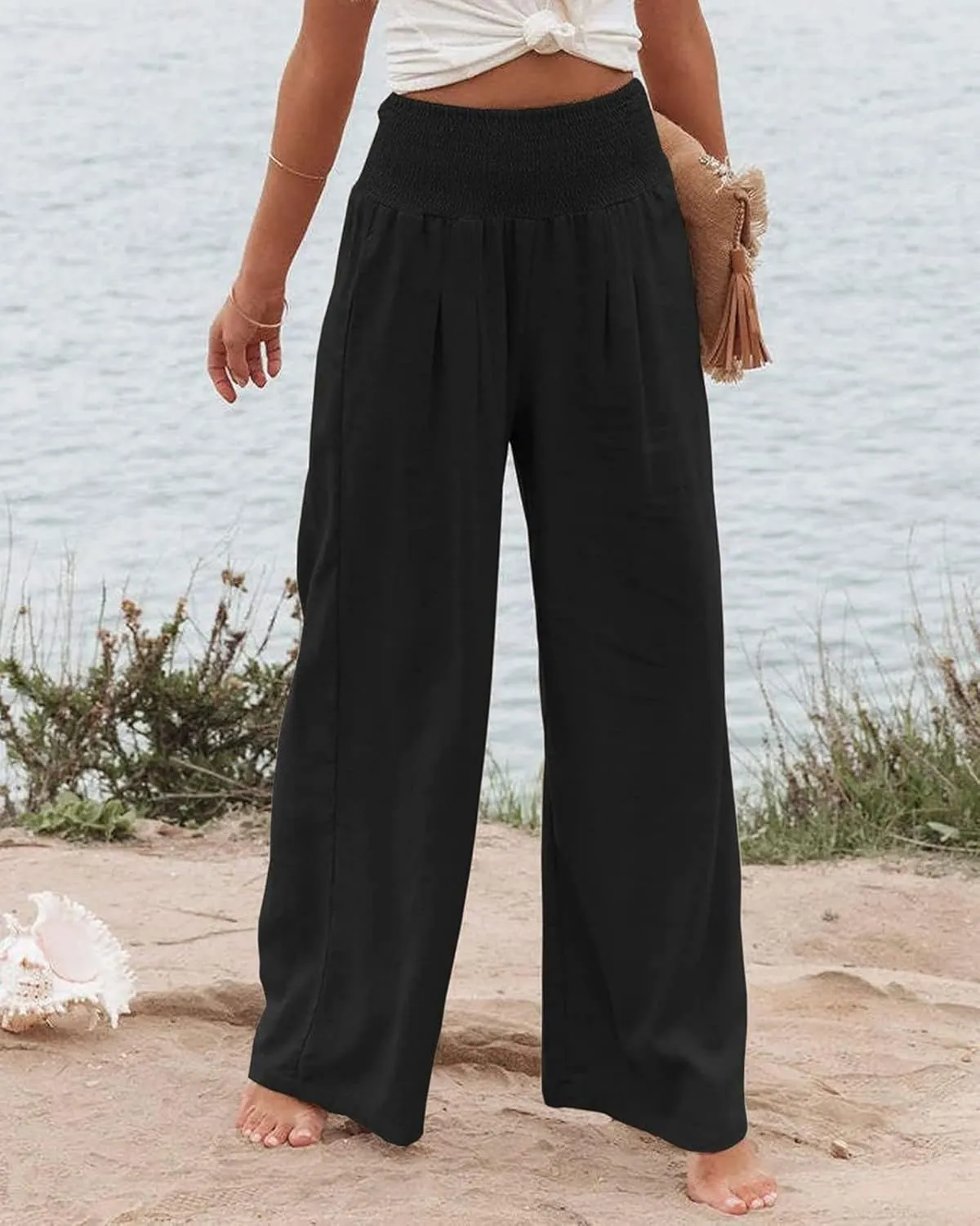 Women Linen Palazzo Pants Summer High Waisted Pants Wide Leg Long Lounge Pant Vacation Casual Trousers with Pocket