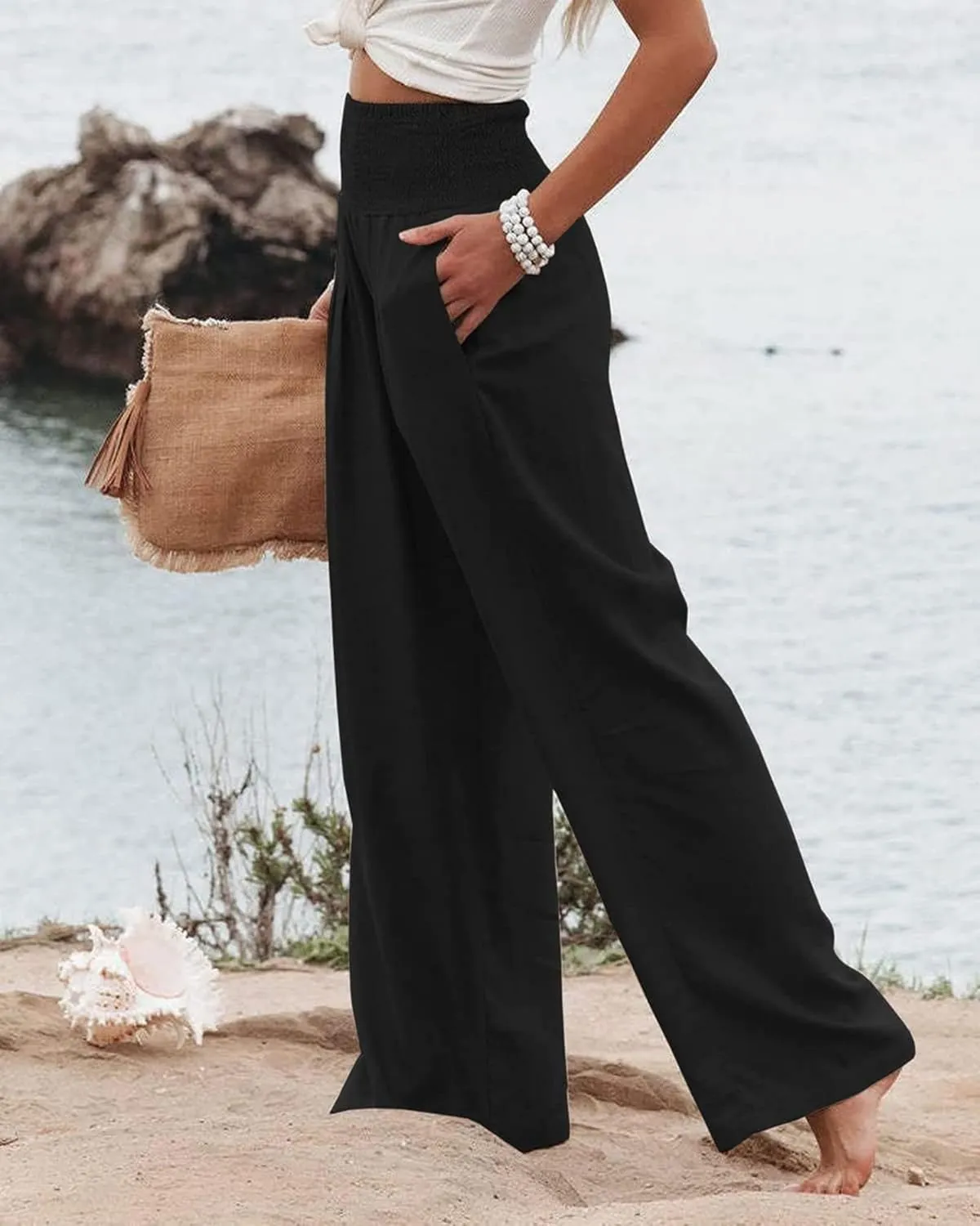 Women Linen Palazzo Pants Summer High Waisted Pants Wide Leg Long Lounge Pant Vacation Casual Trousers with Pocket