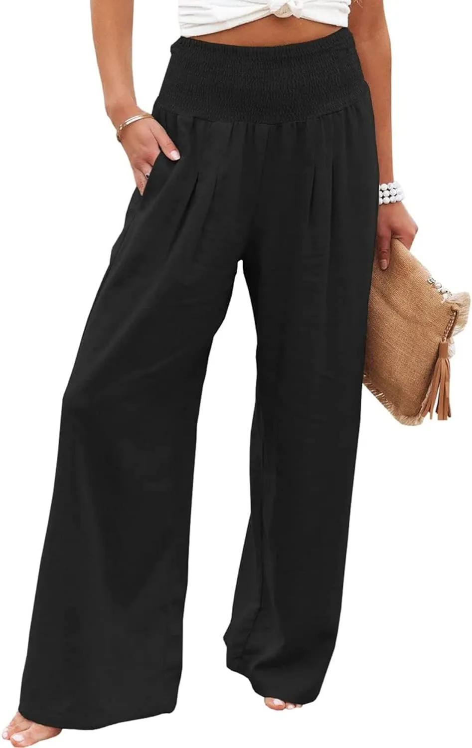 Women Linen Palazzo Pants Summer High Waisted Pants Wide Leg Long Lounge Pant Vacation Casual Trousers with Pocket