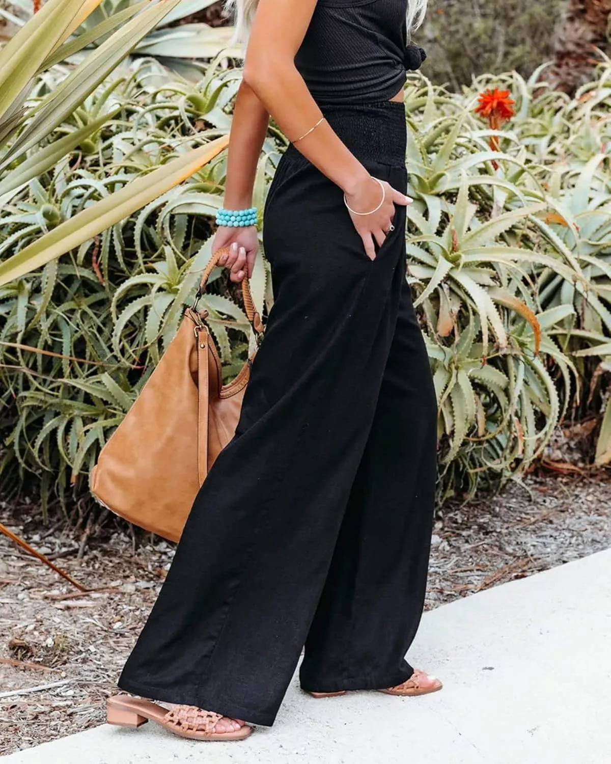 Women Linen Palazzo Pants Summer High Waisted Pants Wide Leg Long Lounge Pant Vacation Casual Trousers with Pocket