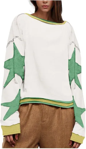 Women Oversize Sweatshirts Crewneck Long Sleeve Star Print Casual Loose Pullover Fall Fashion 2024 Clothes Tops
