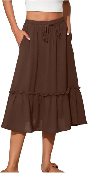 Women Ruched Ruffle Skirts Midi Length Summer Beach Half Dress Casual Vacation Skirt Trendy Cruise Clothes